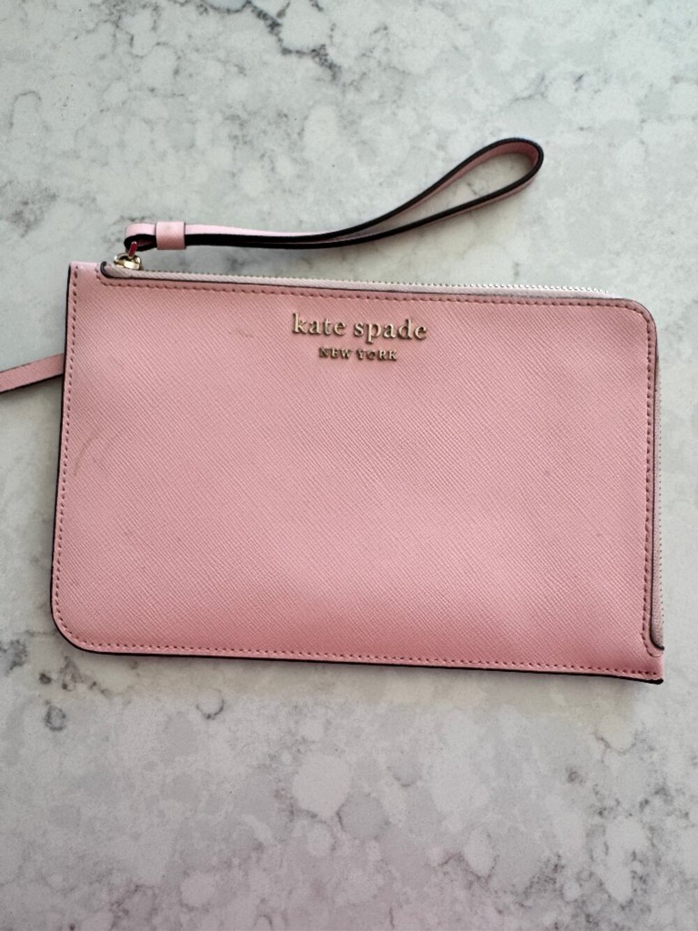 Kate Spade Pink Leather Wristlet Blush Zip Clutch Wallet Gold Logo Designer